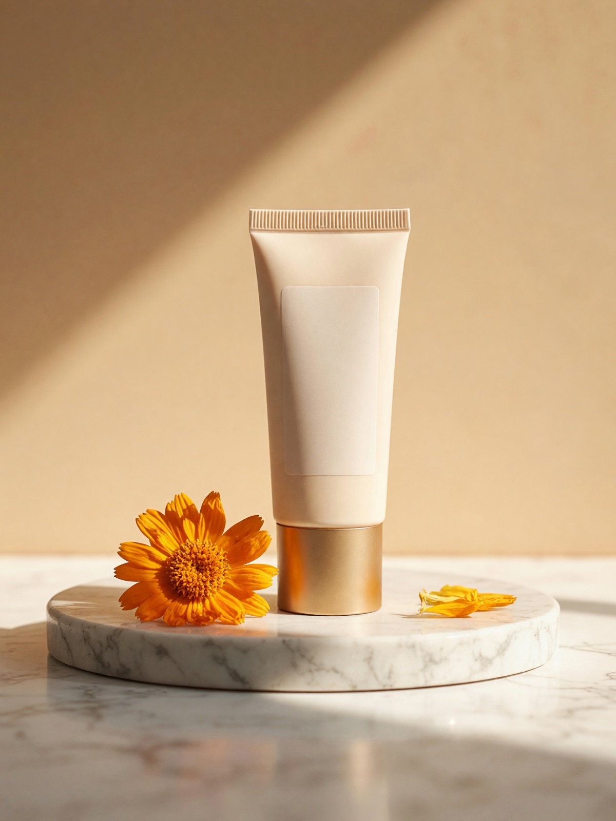 El spf Vera Soyia, tubo mate crema sobre mármol